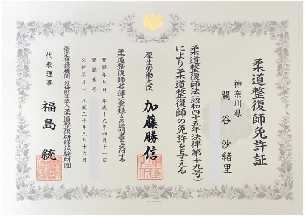 きくな元気整骨院柔道整復師免許